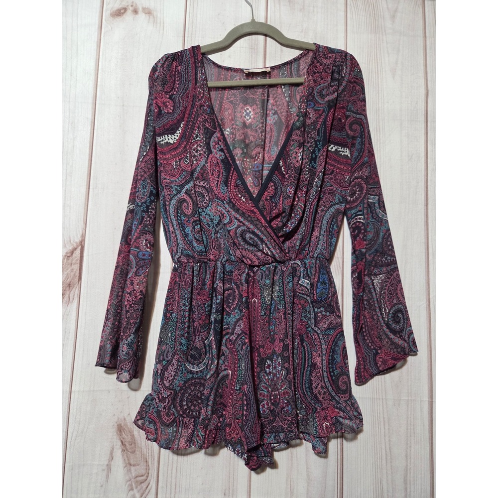 Altard State Paisley Print Chiffon Romper Womens Small V Neck Long Sleeve